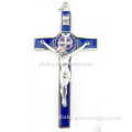 HUGE St Saint Benedict Silver Blue Enamel 4 1/2\" Hanging Wall Pectoral Crucifix